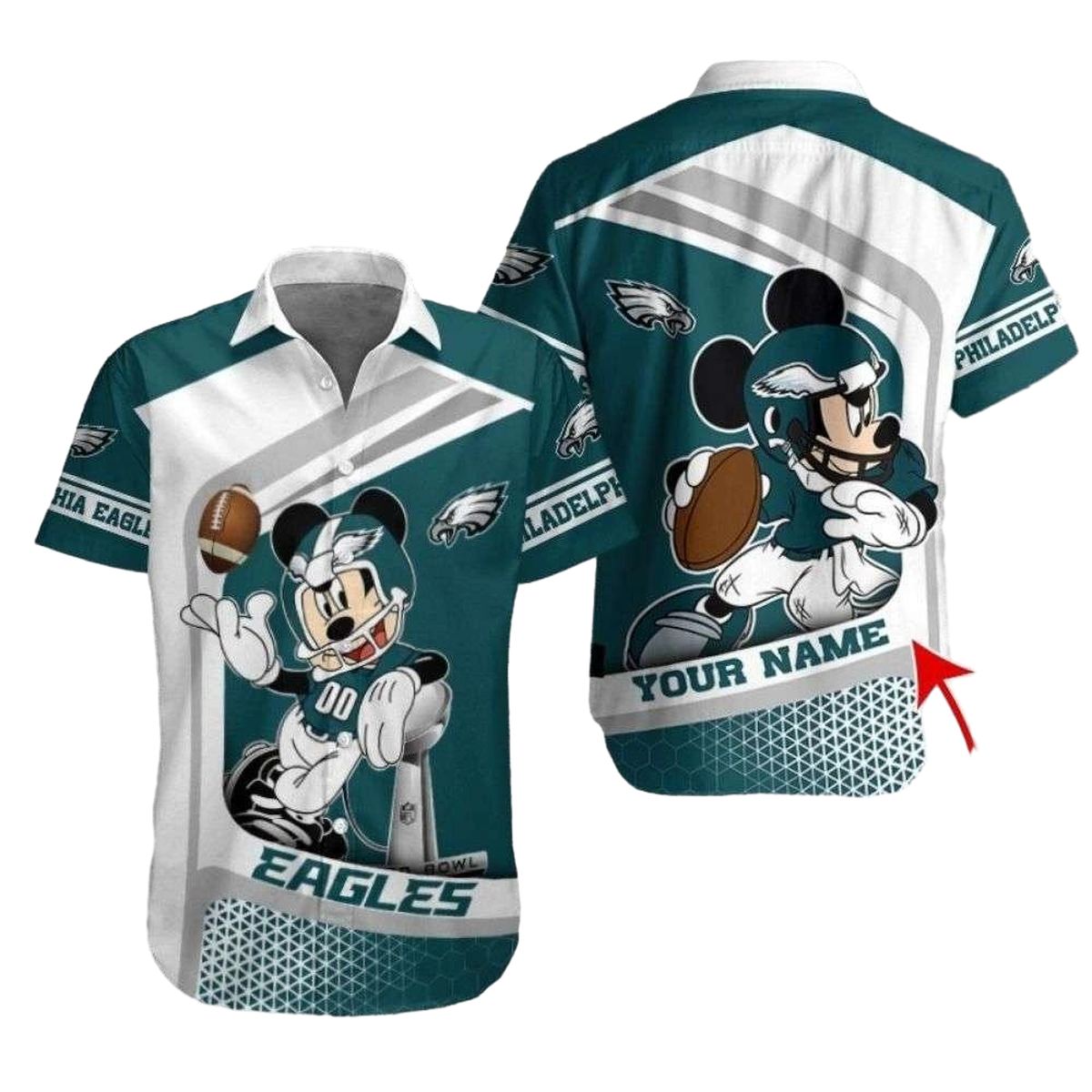 Personalized Gridiron Glory Mickey Eagles Cartoon Hawaiian Shirt - Moonbestprint