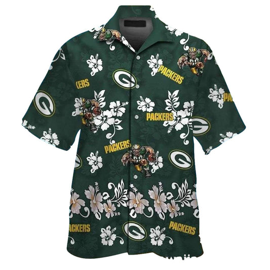 Gridiron Luau Green Bay Packers Tiki Floral Mascot Hawaiian Shirt - Moonbestprint