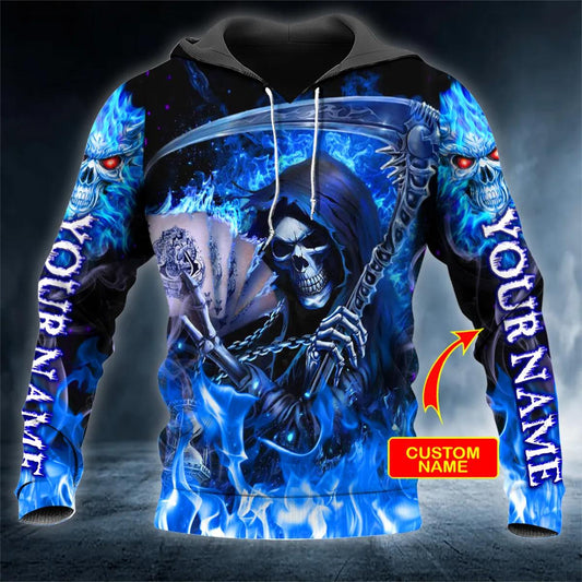 Grim Reaper Blue Fire Skull Custom 3D Hoodie Moonbestprint