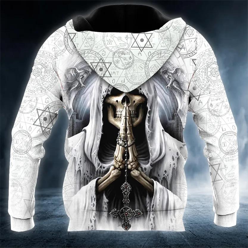 Grim Reaper Pray Skull White 3D Hoodie Moonbestprint