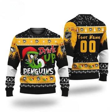 Grinch Drink Up Pittsburgh Penguins Custom Ugly Christmas Sweater, NHL Christmas Sweater Moonbestprint
