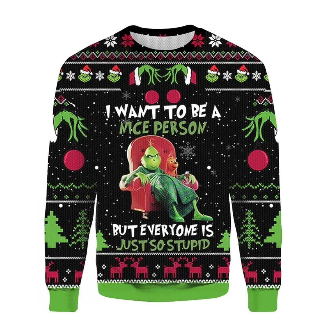 Grinch I Want To Be A Nice Person But Everyone Is Just So Stupid Ugly Sweater, Funny Grinch Christmas Ugly Sweater, 2023 Christmas Sweater Moonbestprint