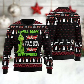Grinch I Will Drink Budweiser Everywhere Ugly Christmas Sweater, Grinch Holiday Sweater Moonbestprint