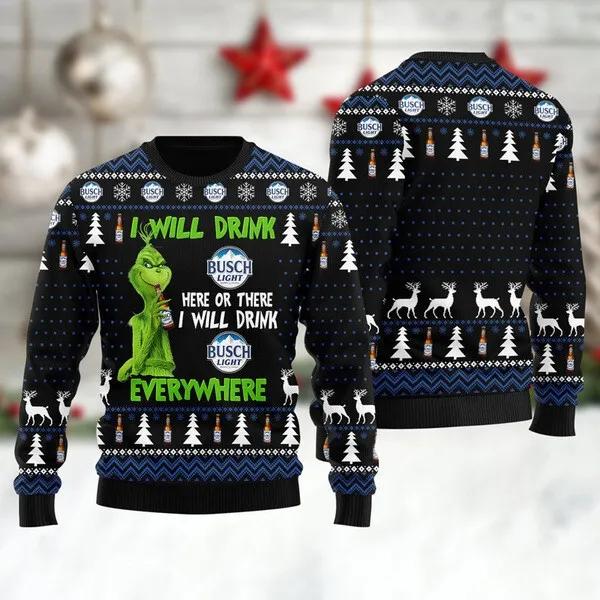 Grinch I Will Drink Busch Light Everywhere Ugly Christmas Sweater, Grinch Holiday Sweater Moonbestprint