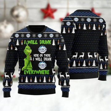 Grinch I Will Drink Busch Light Everywhere Ugly Christmas Sweater, Grinch Holiday Sweater Moonbestprint
