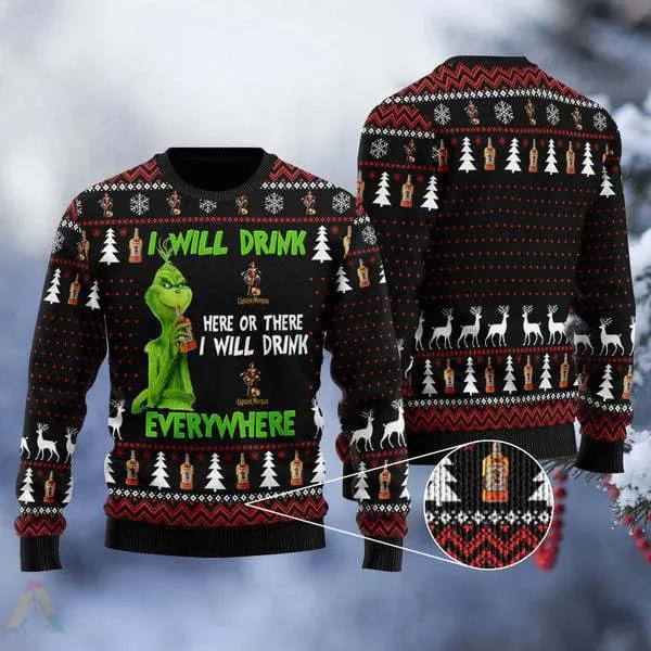 Grinch I Will Drink Captain Morgan Everywhere Ugly Christmas Sweater, Grinch Holiday Sweater Moonbestprint