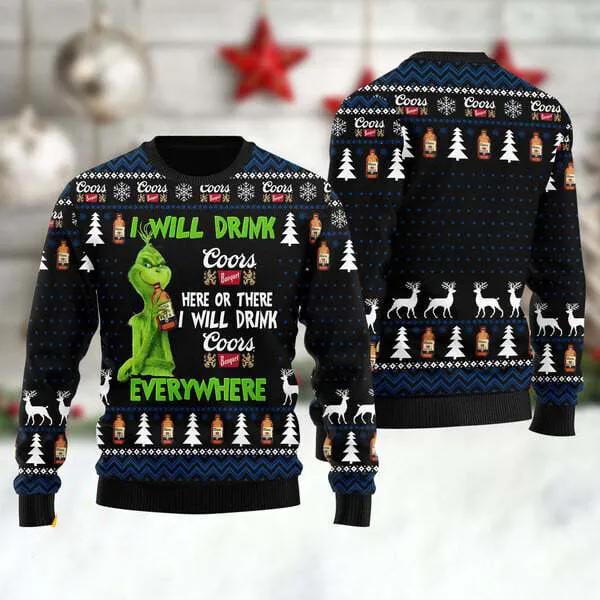 Grinch I Will Drink Coors Banquet Everywhere Ugly Christmas Sweater, Grinch Holiday Sweater Moonbestprint