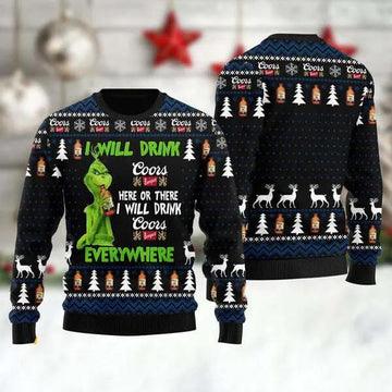 Grinch I Will Drink Coors Banquet Everywhere Ugly Christmas Sweater, Grinch Holiday Sweater Moonbestprint