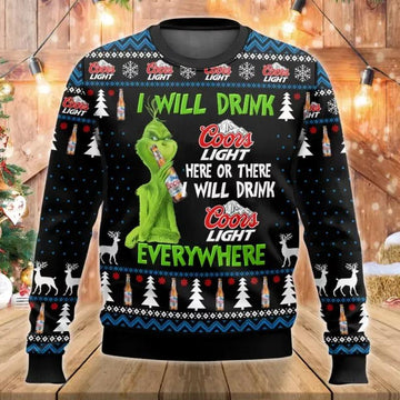 Grinch I Will Drink Coors Light Everywhere Ugly Christmas Sweater, Grinch Holiday Sweater Moonbestprint