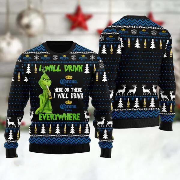Grinch I Will Drink Corona Extra Everywhere Christmas Gift Ugly Christmas Sweater, Grinch Holiday Sweater Moonbestprint