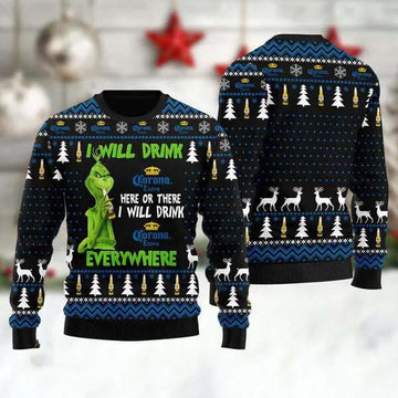 Grinch I Will Drink Corona Extra Everywhere Christmas Gift Ugly Christmas Sweater, Grinch Holiday Sweater Moonbestprint