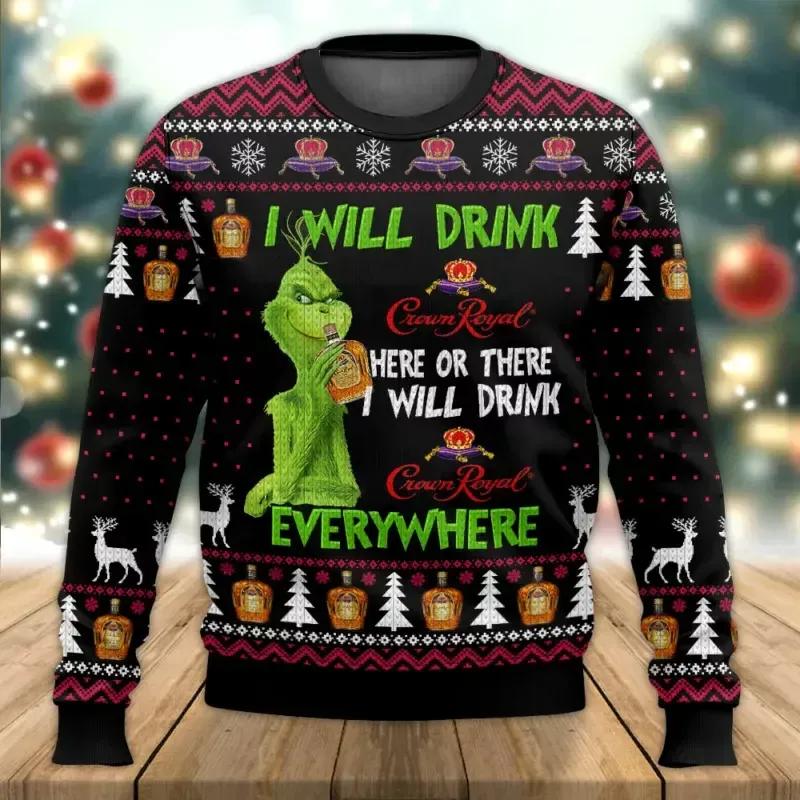 Grinch I Will Drink Crown Royal Everywhere Ugly Christmas Sweater, Grinch Holiday Sweater Moonbestprint