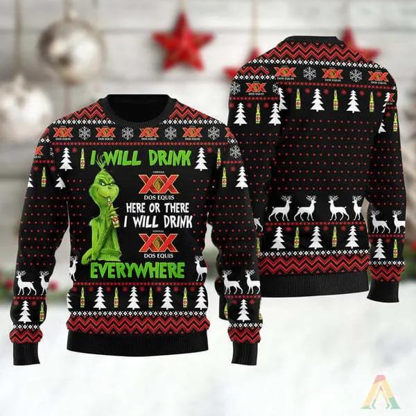 Grinch I Will Drink Dos Equis Everywhere Ugly Christmas Sweater, Grinch Holiday Sweater Moonbestprint