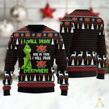 Grinch I Will Drink Dos Equis Everywhere Ugly Christmas Sweater, Grinch Holiday Sweater Moonbestprint