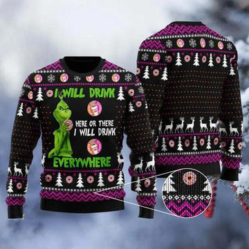 Grinch I Will Drink Dunkin’ Donuts Everywhere Ugly Christmas Sweater, Grinch Holiday Sweater Moonbestprint