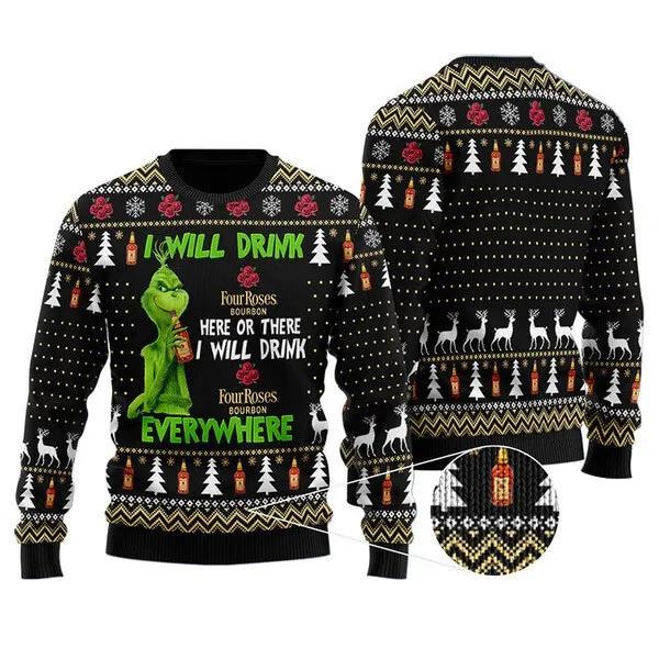 Grinch I Will Drink Four Roses Bourbon Everywhere Christmas Gift Ugly Christmas Sweater, Grinch Holiday Sweater Moonbestprint