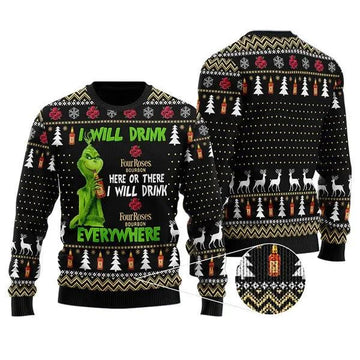 Grinch I Will Drink Four Roses Bourbon Everywhere Christmas Gift Ugly Christmas Sweater, Grinch Holiday Sweater Moonbestprint
