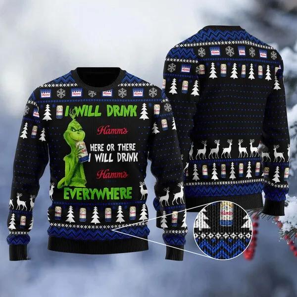 Grinch I Will Drink Hamms Everywhere Christmas Pullover Sweaters, Grinch Holiday Sweater Moonbestprint