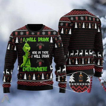 Grinch I Will Drink Jim Beam Everywhere Ugly Christmas Sweater, Grinch Holiday Sweater Moonbestprint