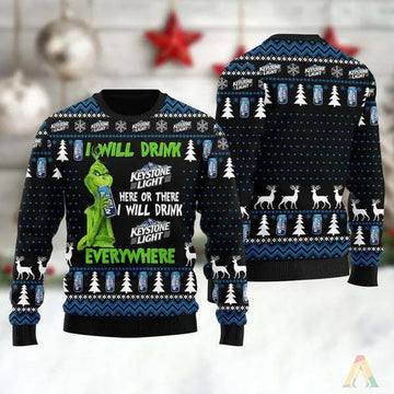 Grinch I Will Drink Keystone Light Everywhere Ugly Christmas Sweater, Grinch Holiday Sweater Moonbestprint