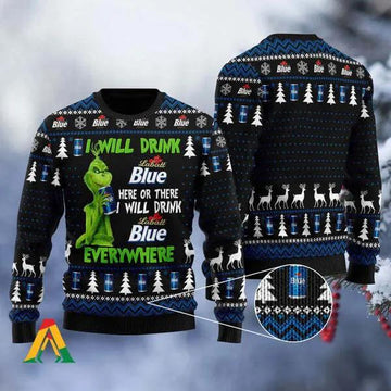 Grinch I Will Drink Labatt Blue Everywhere Ugly Christmas Sweater, Grinch Holiday Sweater Moonbestprint