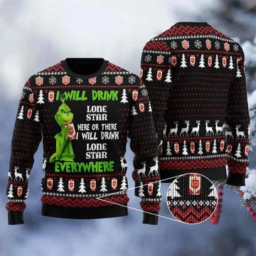 Grinch I Will Drink Malibu Everywhere Ugly Christmas Sweater, Grinch Holiday Sweater Moonbestprint