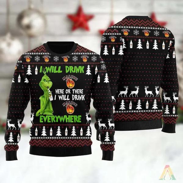 Grinch I Will Drink Malibu Everywhere Ugly Christmas Sweater, Grinch Holiday Sweater Moonbestprint