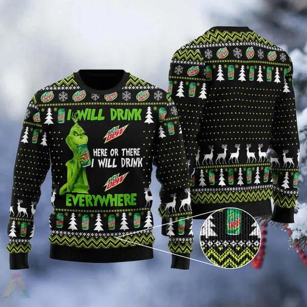 Grinch I Will Drink Mountain Dew Everywhere Ugly Christmas Sweater, Grinch Holiday Sweater Moonbestprint