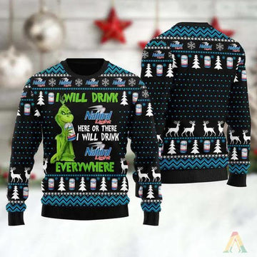 Grinch I Will Drink Natural Light Everywhere Ugly Sweater, Grinch Holiday Sweater Moonbestprint