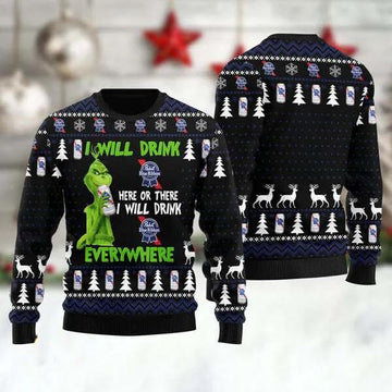 Grinch I Will Drink Pabst Blue Ribbon Everywhere Ugly Christmas Sweater, Grinch Holiday Sweater Moonbestprint