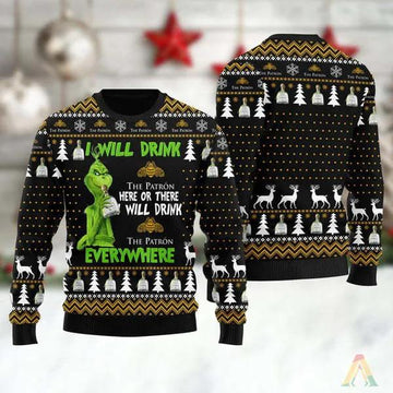Grinch I Will Drink Patron Everywhere Ugly Christmas Sweater, Grinch Holiday Sweater Moonbestprint