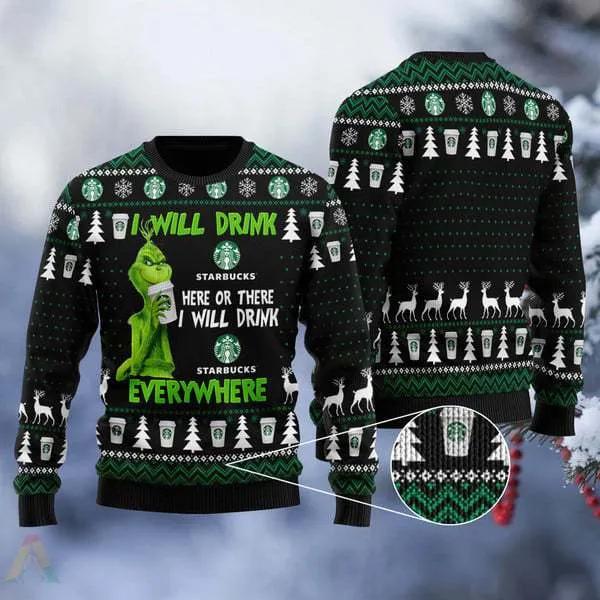 Grinch I Will Drink Starbucks Everywhere Ugly Christmas Sweater, Grinch Holiday Sweater Moonbestprint