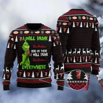 Grinch I Will Drink Tim Hortons Everywhere Christmas Sweater, Grinch Holiday Sweater Moonbestprint