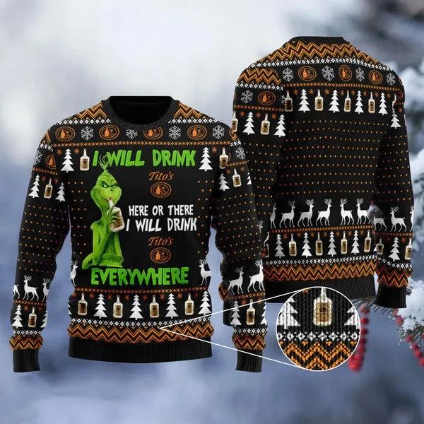 Grinch I Will Drink Tito’s Everywhere Ugly Sweater, Grinch Holiday Sweater Moonbestprint