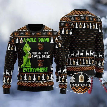 Grinch I Will Drink Tito’s Everywhere Ugly Sweater, Grinch Holiday Sweater Moonbestprint