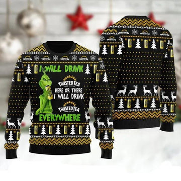 Grinch I Will Drink Twisted Tea Everywhere Ugly Sweater, Grinch Holiday Sweater Moonbestprint