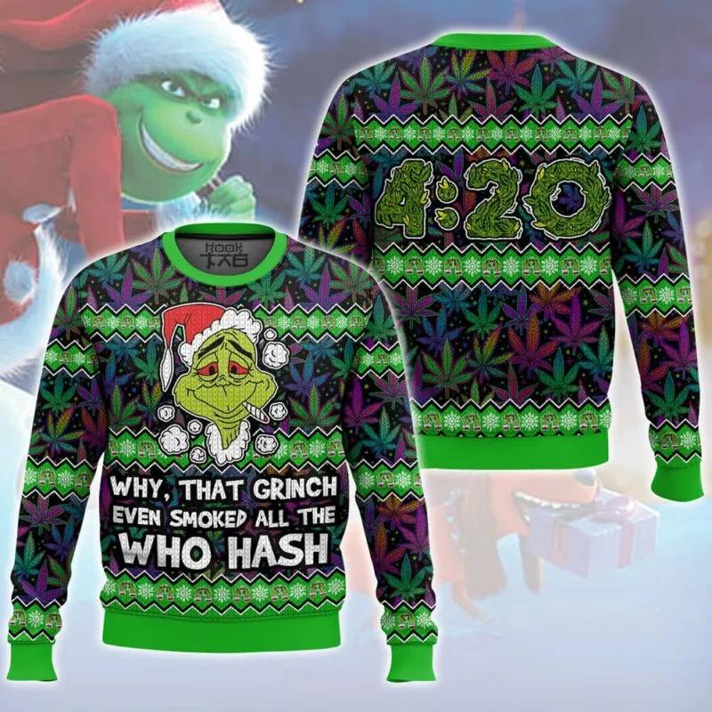 Grinch Smoked all the Who Hash Christmas 420 Ugly Sweater, Grinch Holiday Sweater Moonbestprint