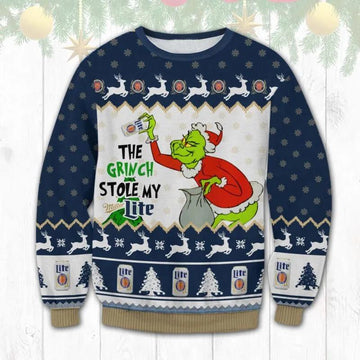 Grinch Stole My Miller Lite Ugly Sweater, Grinch Holiday Sweater Moonbestprint