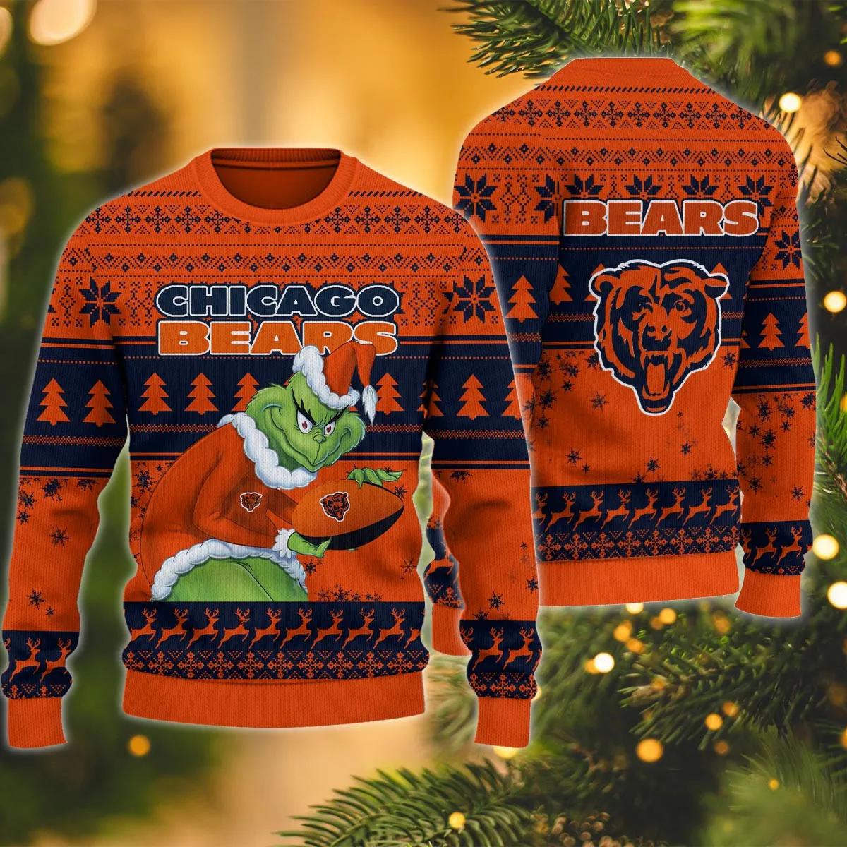 Grinch Stolen Chicago Bears Ugly Christmas Sweater, NFL Christmas Sweater Moonbestprint