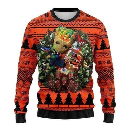 Groot Hug Cincinnati Bengals NFL Ugly Christmas Sweater, NFL Christmas Sweater Moonbestprint