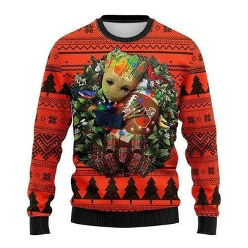Groot Hug Cleveland Browns Ugly Christmas Sweater, NFL Christmas Sweater Moonbestprint
