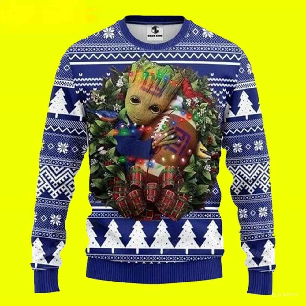 Groot Hug New York Giants Ugly Christmas Sweater, NFL Christmas Sweater Moonbestprint