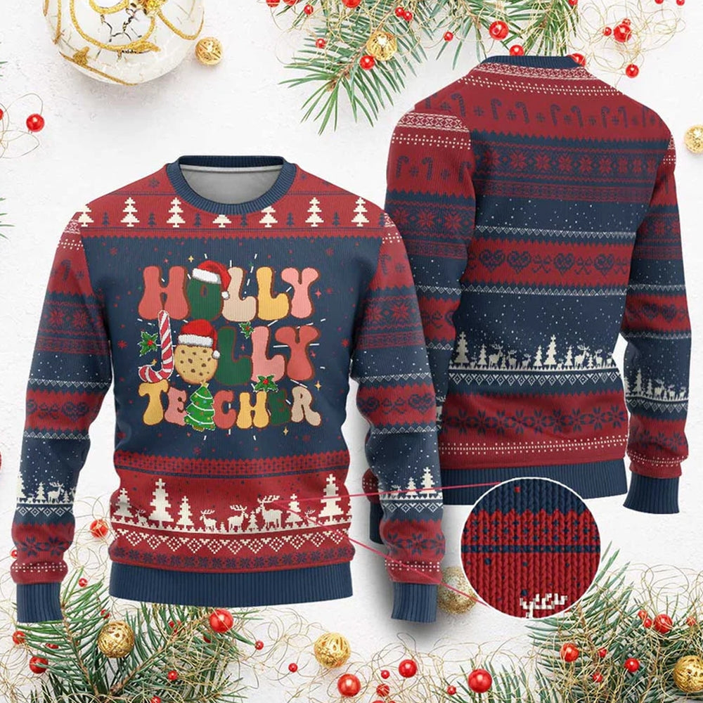 Groovy Holly Jolly Teacher Ugly Christmas Sweater - Moonbestprint