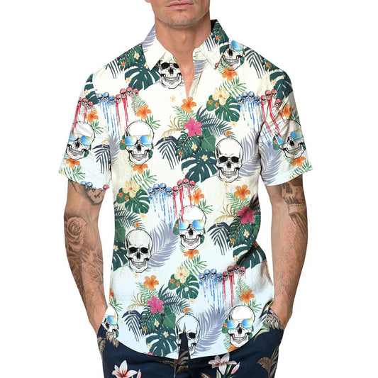 Happy Summer Grinning Skull Hawaiian Shirt, Hawaiian Button Up Shirt, Tropical Shirts For Men Moonbestprint