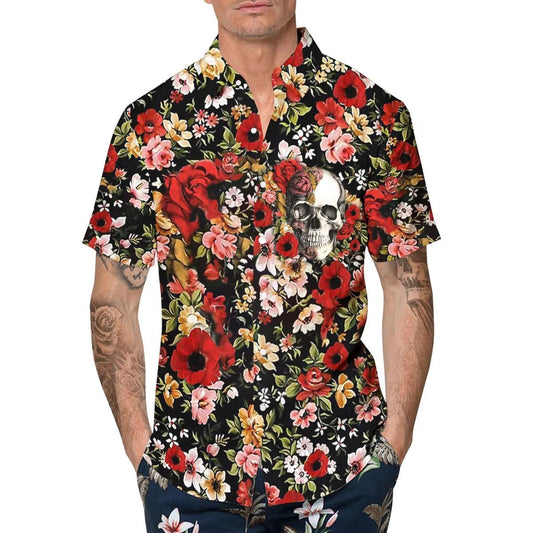 Happy Summer Flowers Grinning Skull Hawaiian Shirt, Hawaiian Button Up Shirt, Tropical Shirts For Men Moonbestprint
