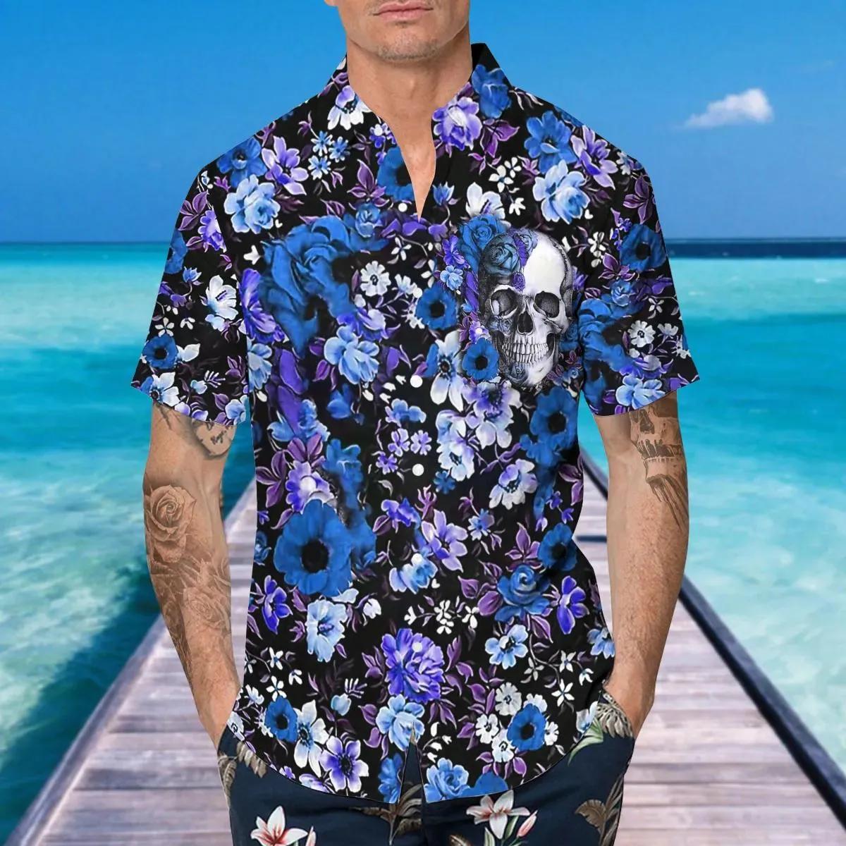 Blue Happy Summer Flowers Grinning Skull Hawaiian Shirt, Hawaiian Button Up Shirt, Tropical Shirts For Men Moonbestprint