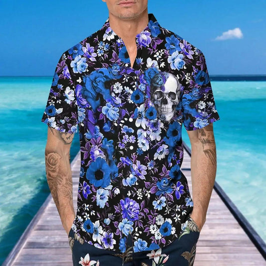 Blue Happy Summer Flowers Grinning Skull Hawaiian Shirt, Hawaiian Button Up Shirt, Tropical Shirts For Men Moonbestprint
