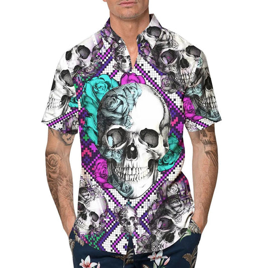 Purple And Teal Aztec Rose Skull Hawaiian Shirt, Hawaiian Button Up Shirt, Tropical Shirts For Men Moonbestprint