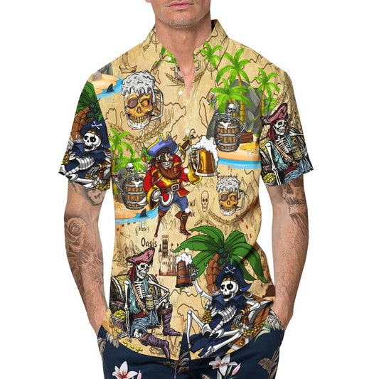 Beach Party Pirates Captain Skeleton Beer Skull Hawaiian Shirt, Hawaiian Button Up Shirt, Tropical Shirts For Men Moonbestprint