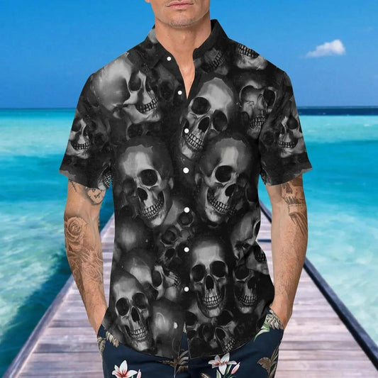 Head Pattern Happy Summer Skull Hawaiian Shirt, Hawaiian Button Up Shirt, Tropical Shirts For Men Moonbestprint